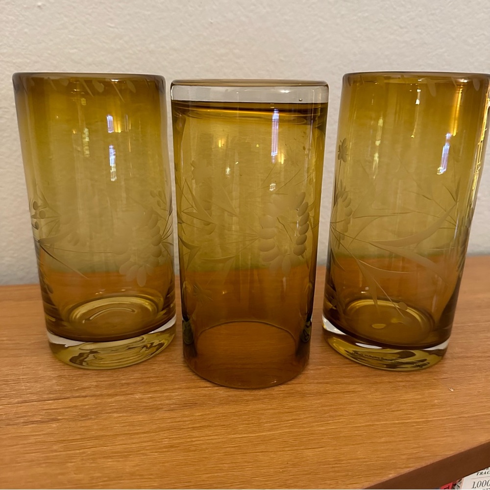 Bobby Flay Amber Brown Highball - 20oz - Etched Design - set of 3 - Picture 2 of 4